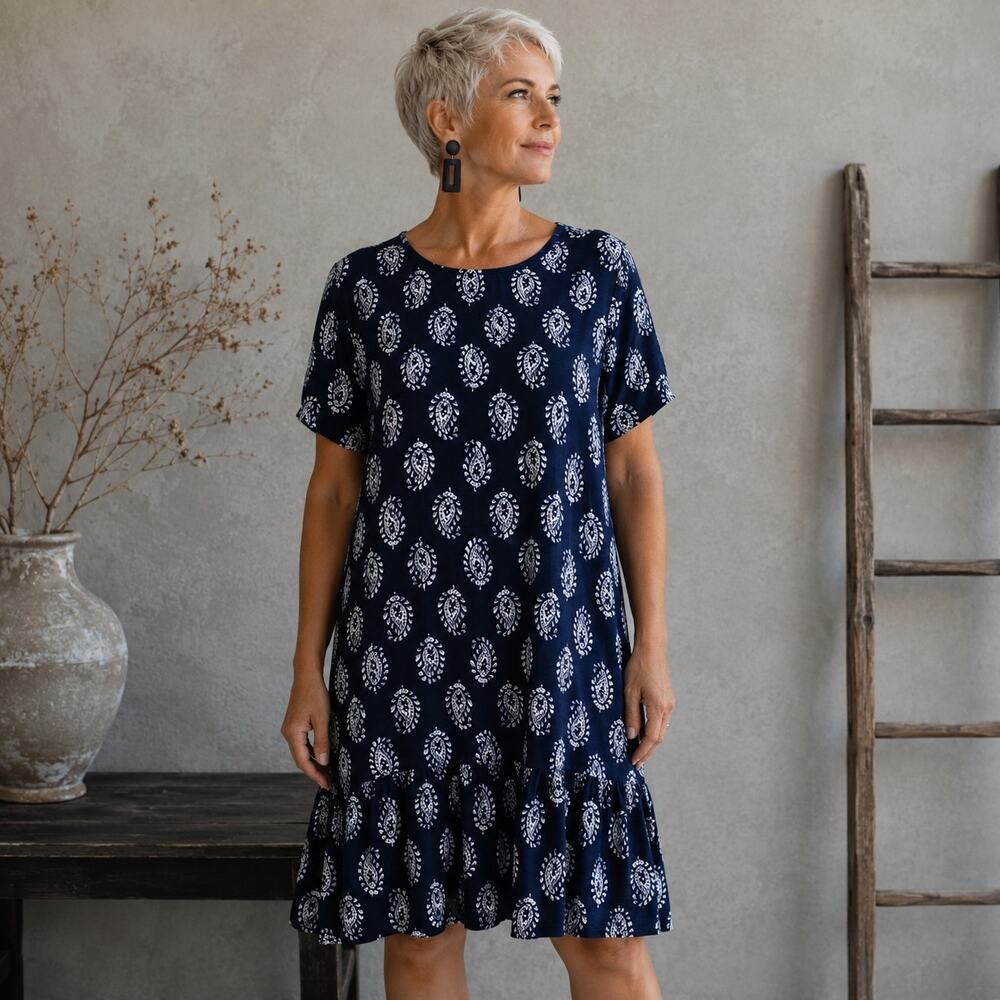 J JIll Navy Paisley Knit Short Sleeve Shift Dress Large
